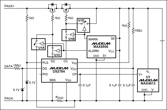 圖1. 在DS2784應用電路中加入MAX6506和MAX4613實現可編程的熱保護(開關U1A-U1D表示MAX4613內的4個開關)。