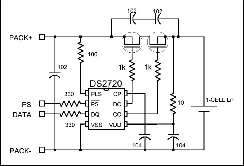 圖7. DS2720鋰電池保護IC的典型應用電路