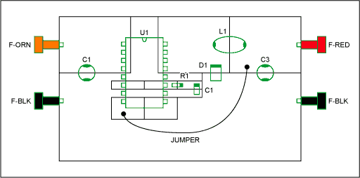 Figure 2. Layout drawing for the SMT prototype of the circuit in Figure 1, showing the component outlines (green) and the node outlines (black). Note that the components bridge the node outlines.