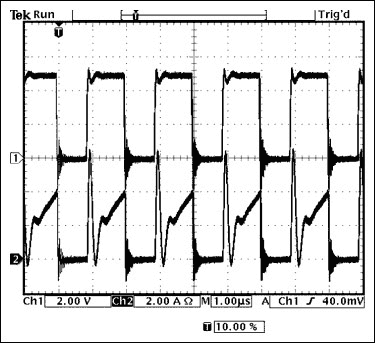 Figure 2. Primary current in flyback (CH1= Voltage @ EXT; CH2=Primary Current).