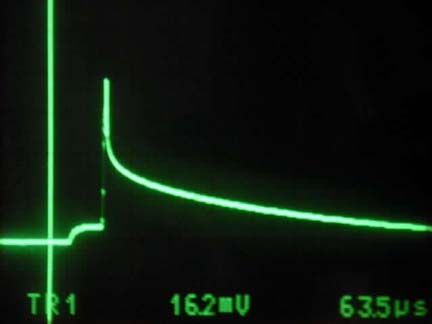 Figure 5. Clamp over shoot (at pulse output); horizontal scale = 50μS/div, vertical scale = 50mV/div, supply voltage = 4.5V, clamp over shoot = 162mV.