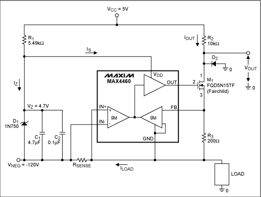 圖2. 利用MAX4460實現負電源檢流放大器