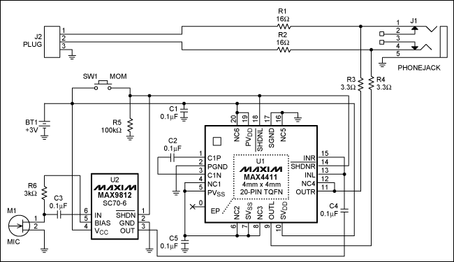 圖1. 該耳機衰減器/放大器具有麥克風監測功能，能夠在戴耳機的時候方便對話。