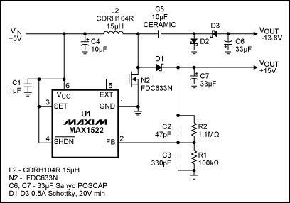 Figure 1. This single-inductor, 200mA power supply derives +15V/-14V from +5V. www.solar-ruike.com.cn