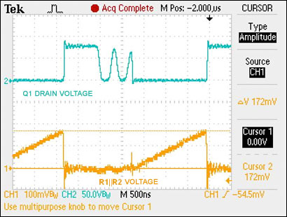 Figure 6. Drain voltage and current-sense resistor voltage (50mΩ).