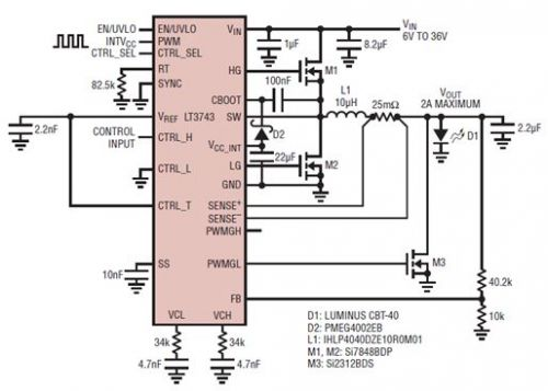 具電流受限并聯輸出的 6V 至 36V 輸入、2A LED 驅動器