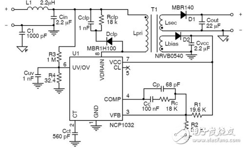 48 V到隔離式12 V/3 W偏置電源電路