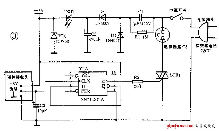 采用畫佳紅外接收頭與州74Ls74配合制作的一個宴用電路