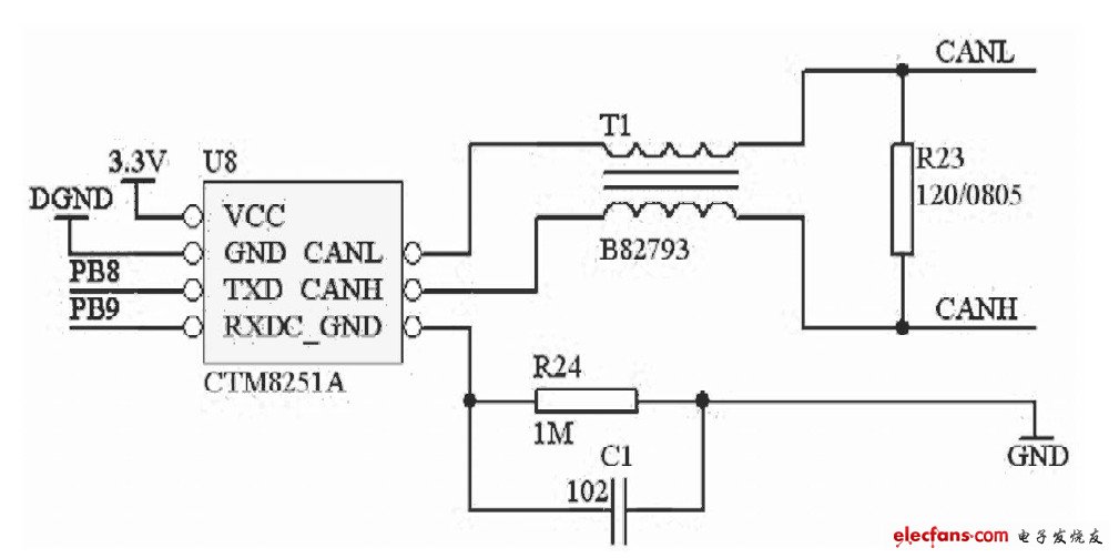 圖2CAN接口硬件電路圖