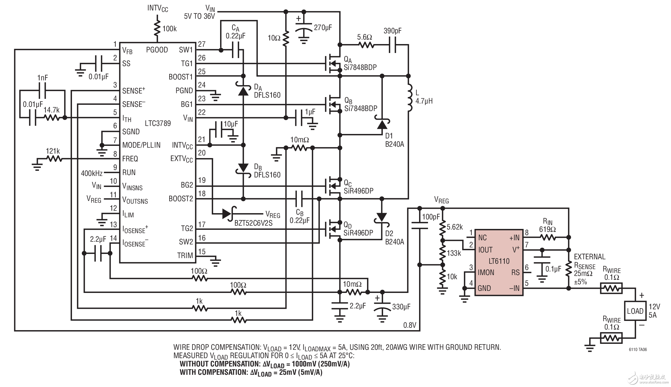 采用外部RSENSE和LTC3789降壓-升壓型穩壓器的LT6110(在12V)LT6110 with External RSENSE and LTC3789 Buck-Boost Regulator at 12V