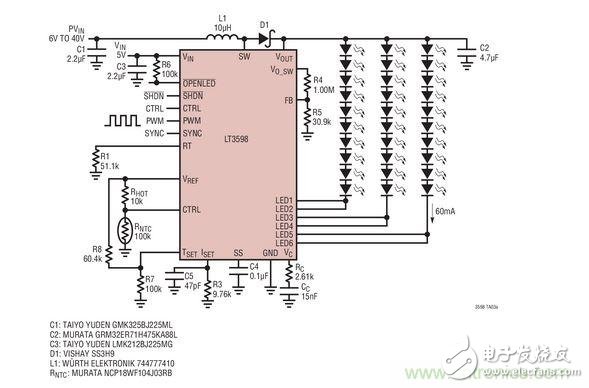 LED驅動器用于30個白光LED